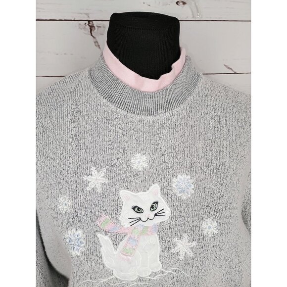 Vintage Bon Worth Gray Cat Embroidered Sweatshirt Women’s Size Medium‎ Petite - Picture 5 of 8